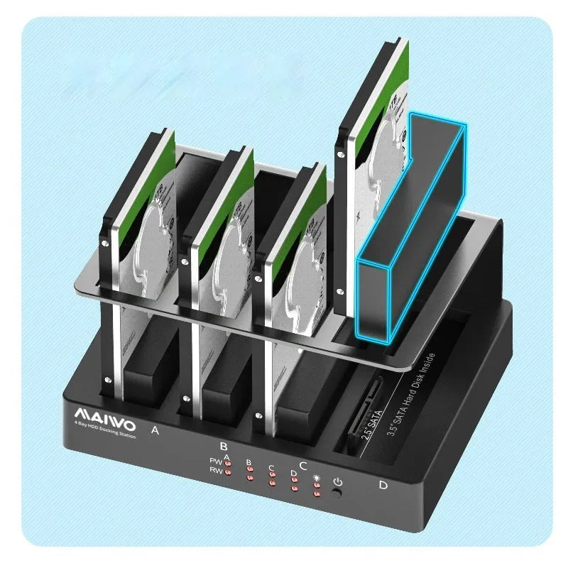Four-bay external hard drive enclosure with 2.5-inch brackets, cables, and power adapter