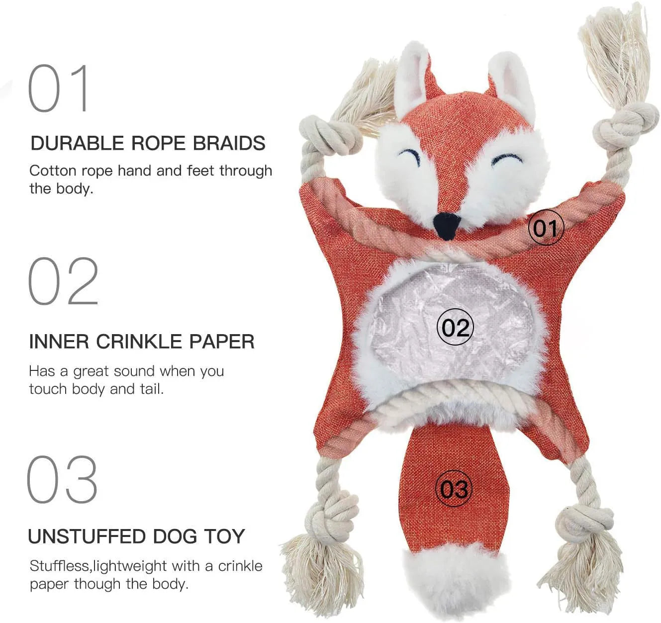 Brown fox dog toy with squeaker, crinkle paper sounds, and cotton rope arms for chewing