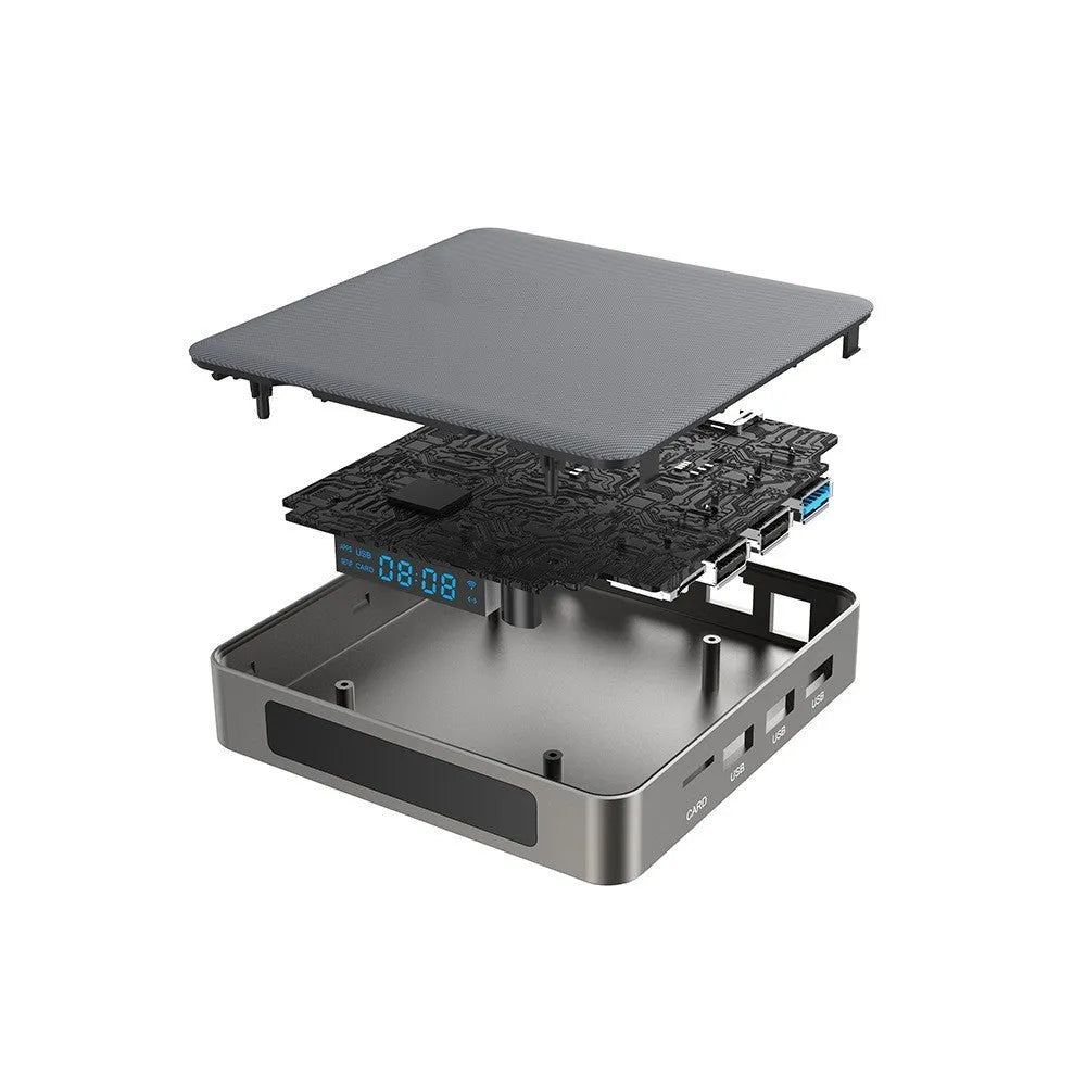 Black Android TV set-top box with remote control on a white background