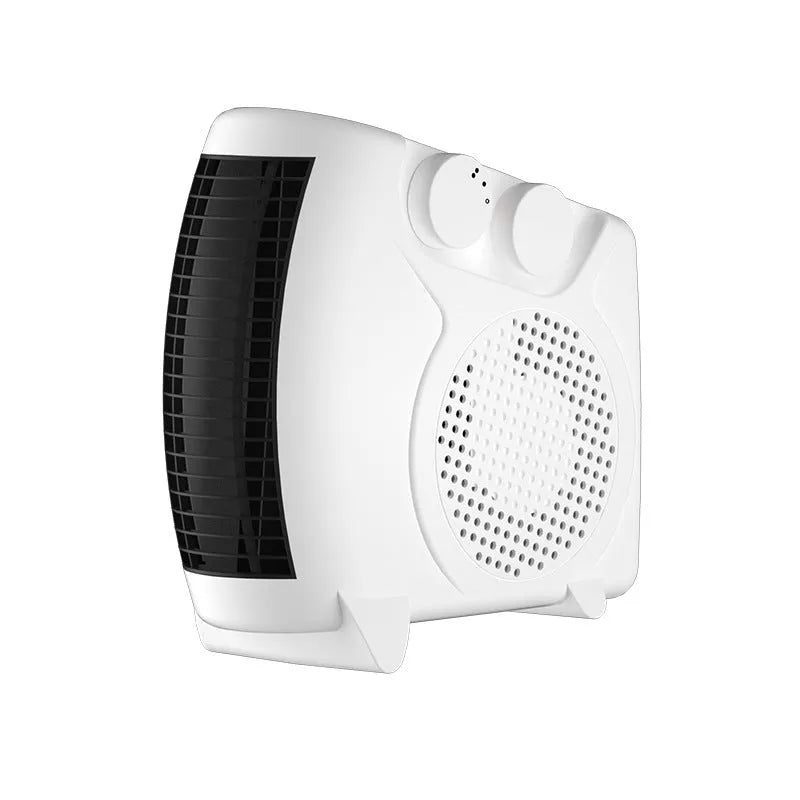 White compact desktop electric heater showing front grille and control buttons