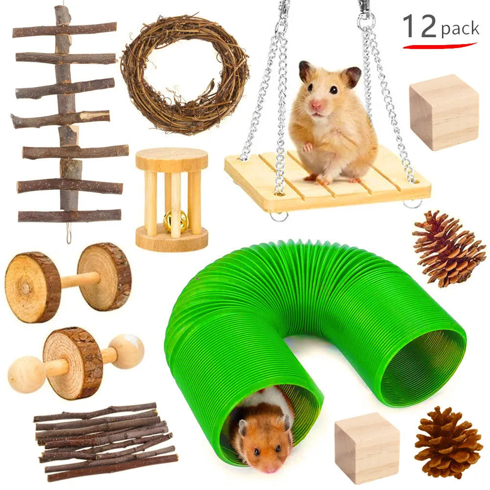 Wooden chew toy set for small pets including rabbits and guinea pigs, showing a multi-piece bundle