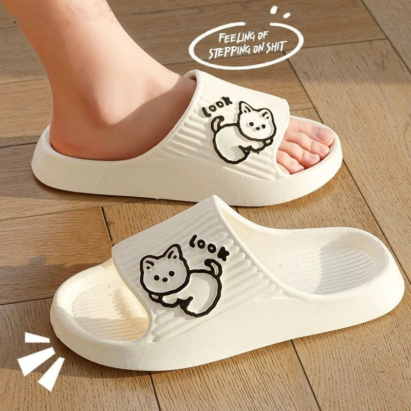 Women's cat print platform slippers in green, with a thick non-slip EVA sole for indoor and outdoor use.