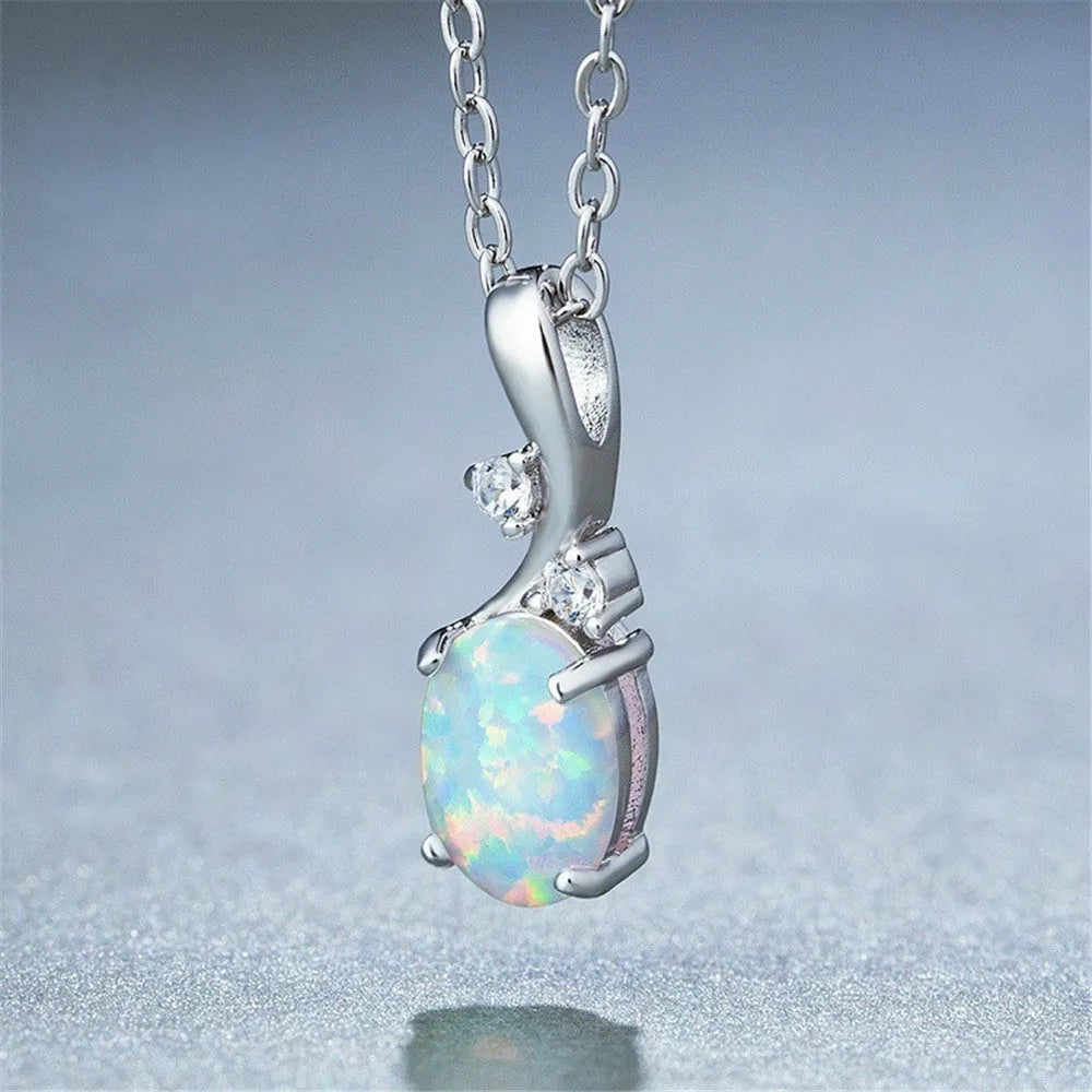 Water drop shaped opal pendant necklace with adjustable O-shaped chain in rose gold or white electroplated finish