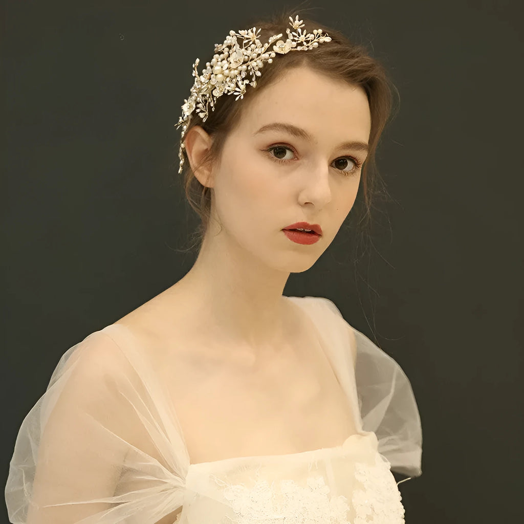 Light gold handmade bridal headdress side clip, 19x10cm, with pearl, iron flower and rhinestone detail