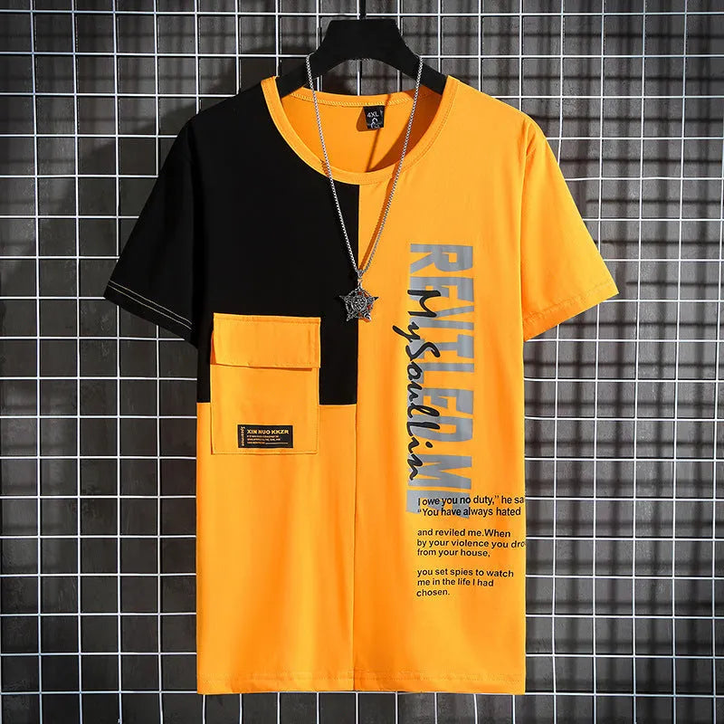 Plus size yellow Lycra cotton short sleeve t-shirt with pocket and printed design, size 4XL to 10XL