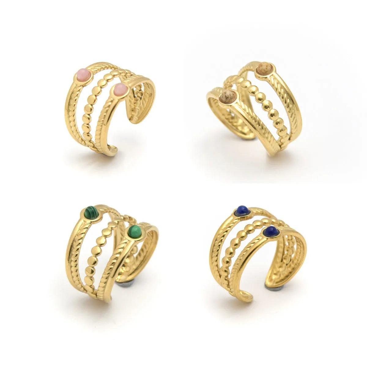 Natural stone multi-layer open ring in 304 stainless steel gold plated adjustable size geometric twist palace style unisex