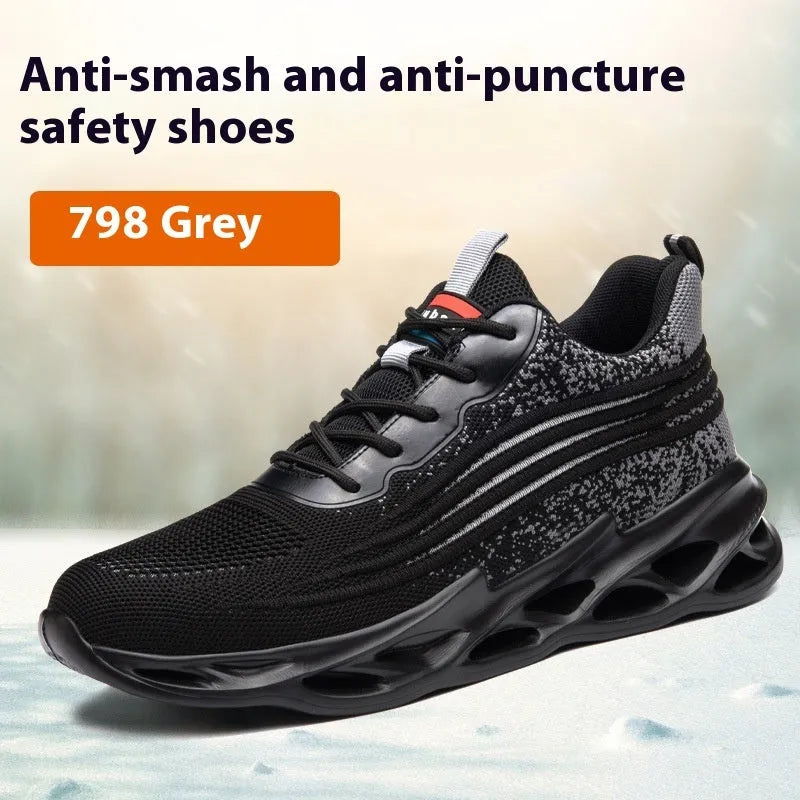 Brown leather safety shoes with rubber sole for workplace anti-smashing and puncture protection