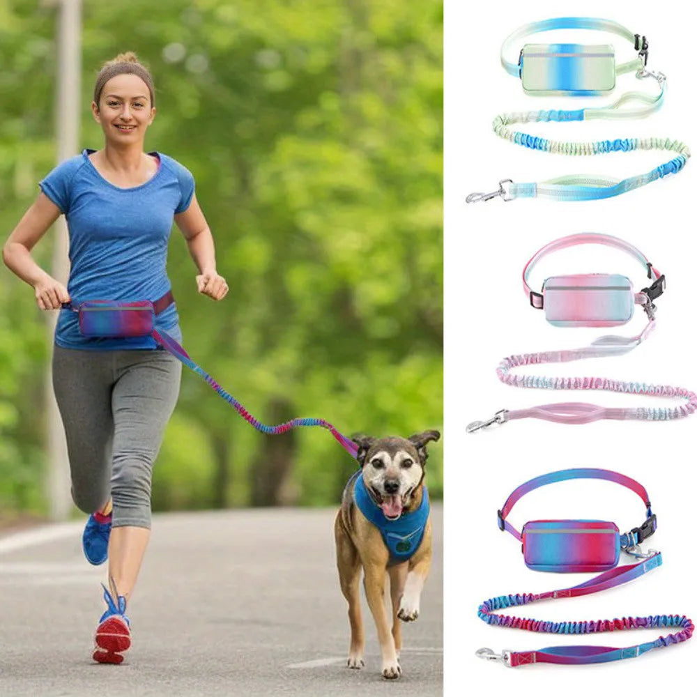Hands free dog leash with waist belt, adjustable 120-183cm polyester traction rope, blue green pink or red