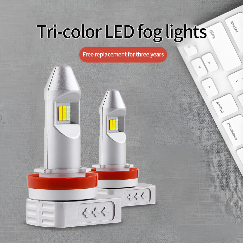 Super Stable LED car fog lamp bulb with aluminium housing and multiple connector types on white background.
