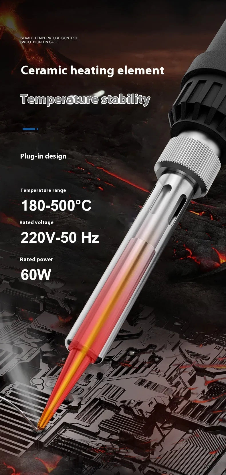 Grey electric soldering iron with ceramic heating core and five soldering tips for household electronics repairs