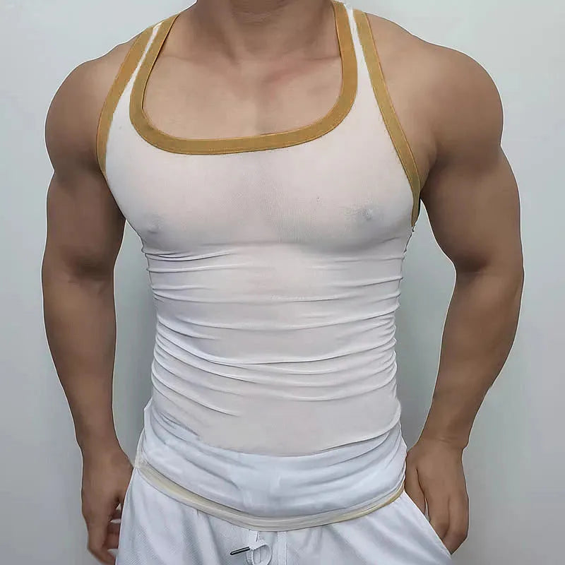 Men's tight white mesh sports vest with straight hem on a manikin