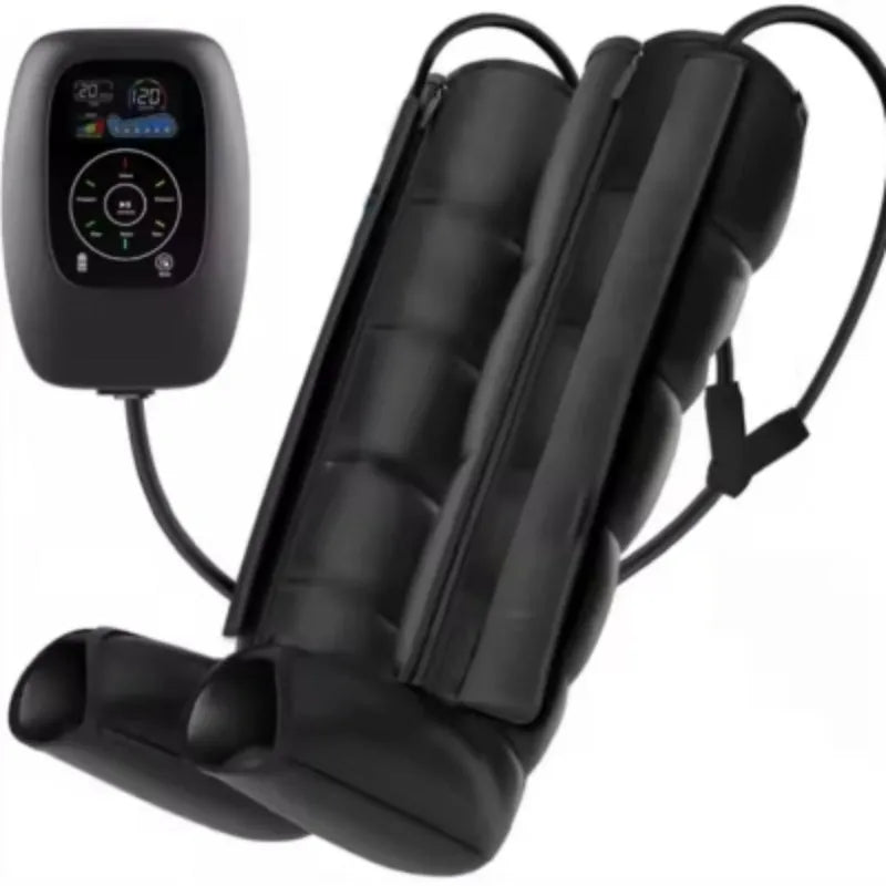 Air compression massage suit with remote control showing leg sleeves in sizes L XL XXL