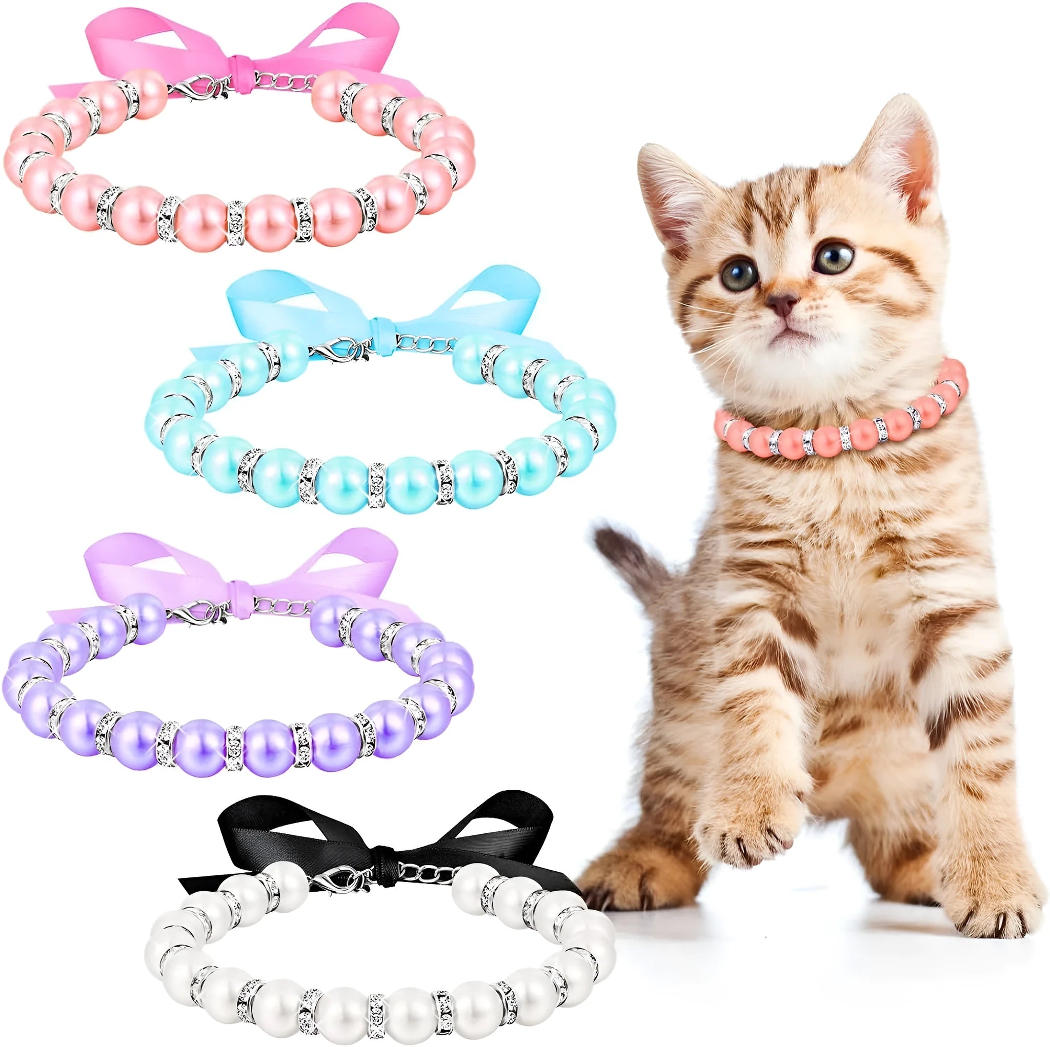 Adjustable pearl and rhinestone necklace with ribbon bow for small dogs and cats