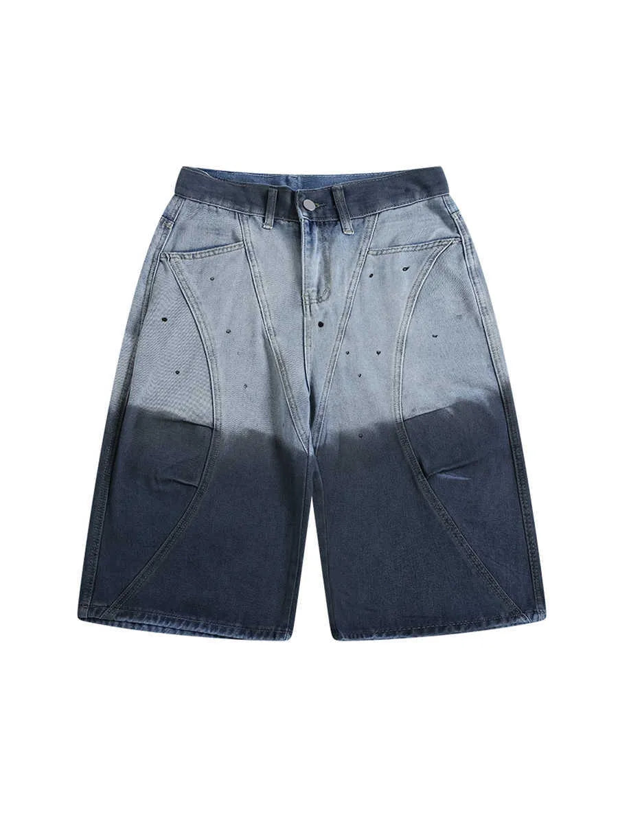 Blue tie-dye gradient washed cropped jeans with loose fit and mid-waist construction