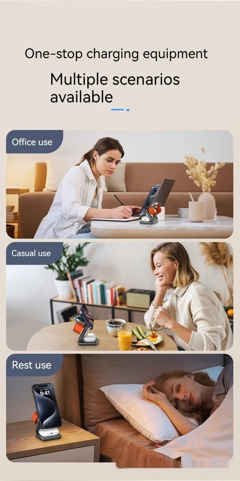White foldable magnetic wireless charging phone holder on a desk