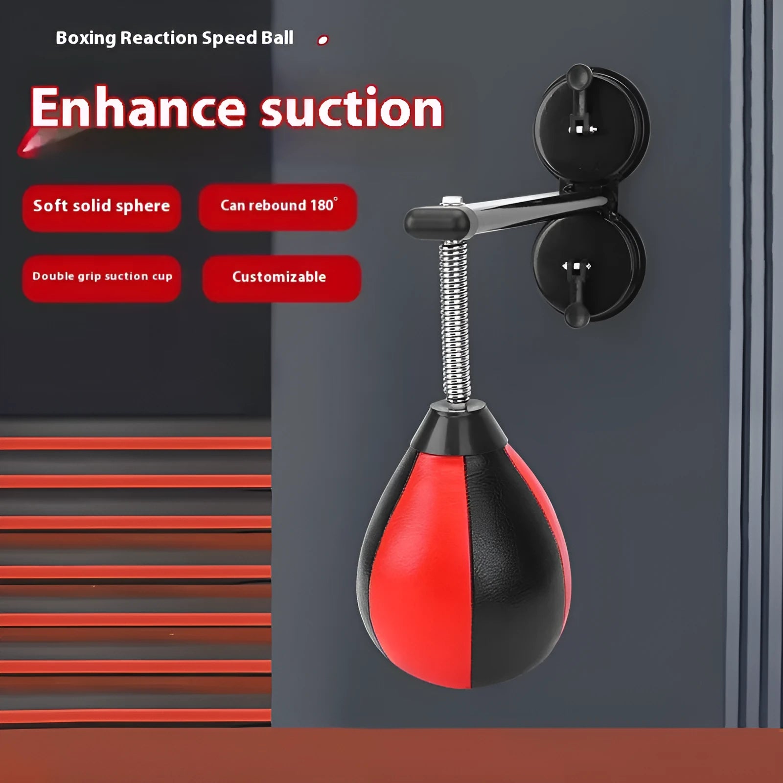 Pear-shaped inflatable boxing training ball with double suction cup mount and red-black colour design