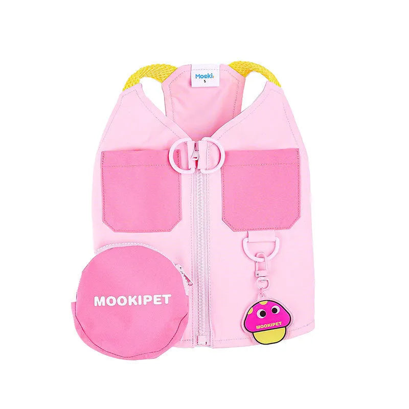 Pink polyester vest for small dog on mannequin showing casual design