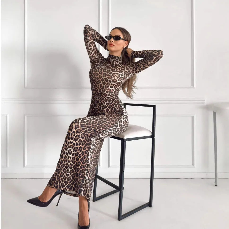 Leopard print women's long dress with stand collar and long sleeves