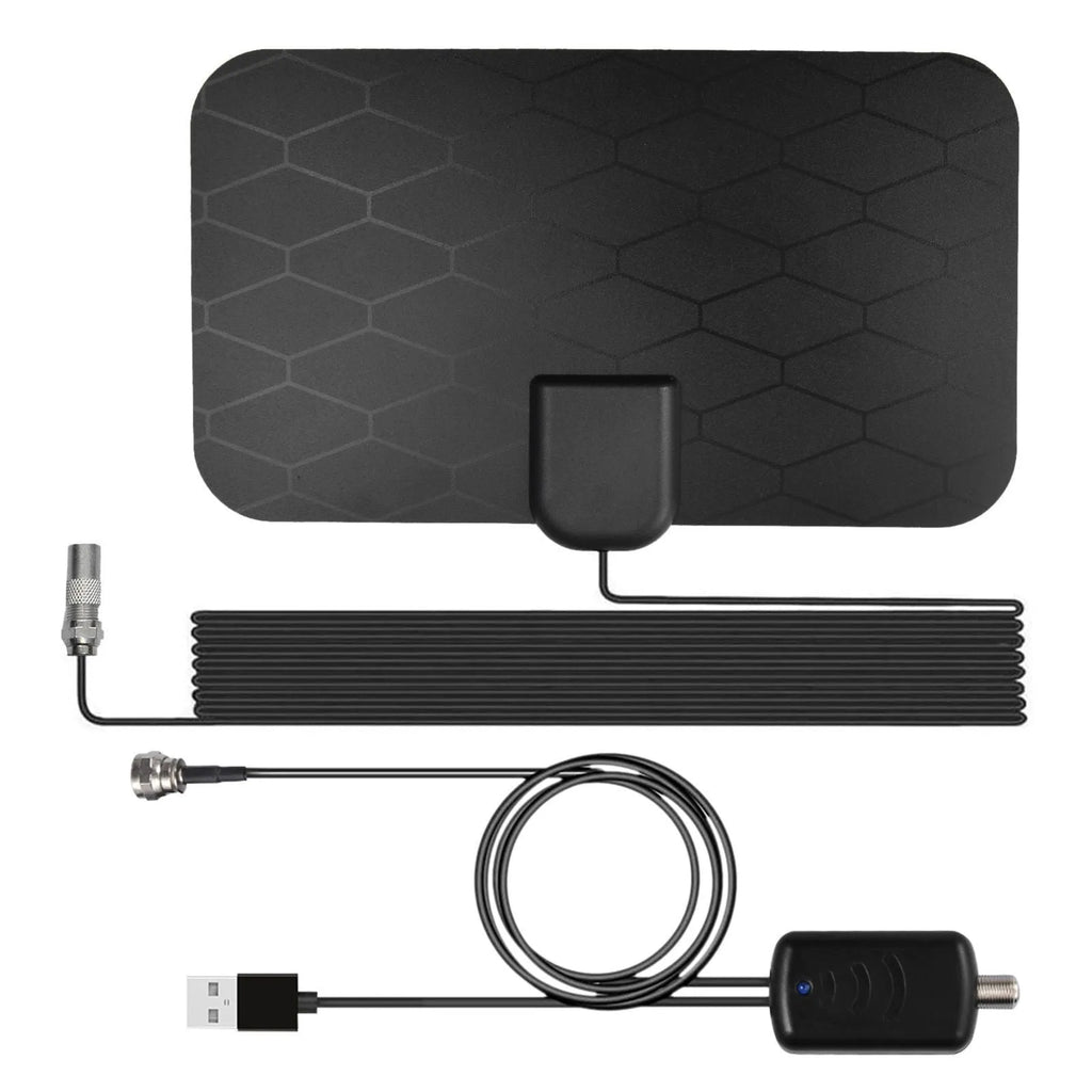 Black HD indoor digital TV antenna with amplifier and 10-foot coaxial cable for 4K free broadcast reception