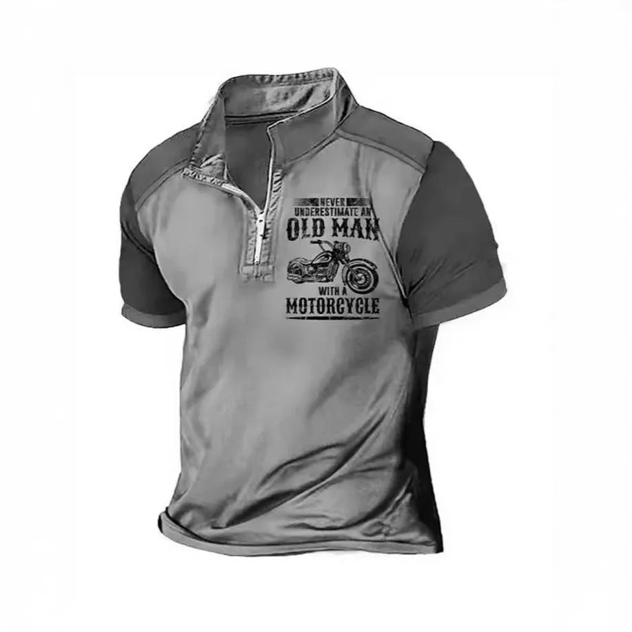 Men's short-sleeve polo shirt with lapel collar, digital letter pattern, and zipper decoration details.