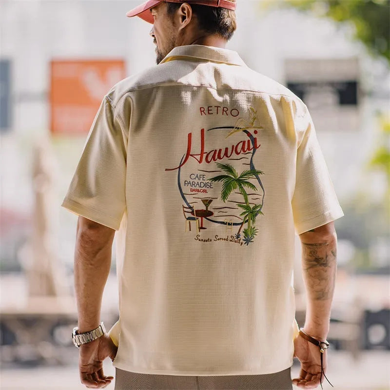 Men's light apricot Cuban collar shirt with bamboo plant pattern