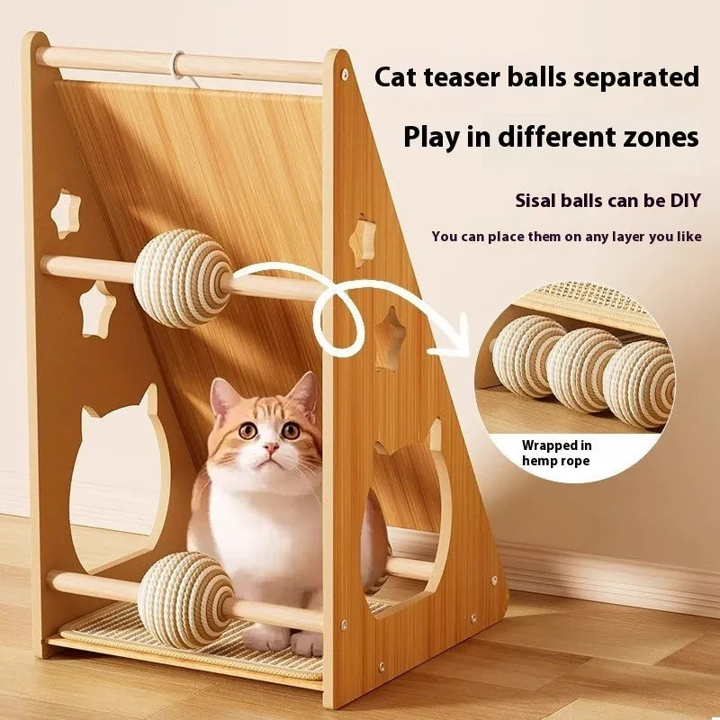 Vertical wall-mounted cat scratch board with sisal scratching surface and integrated teasing ball with hemp rope