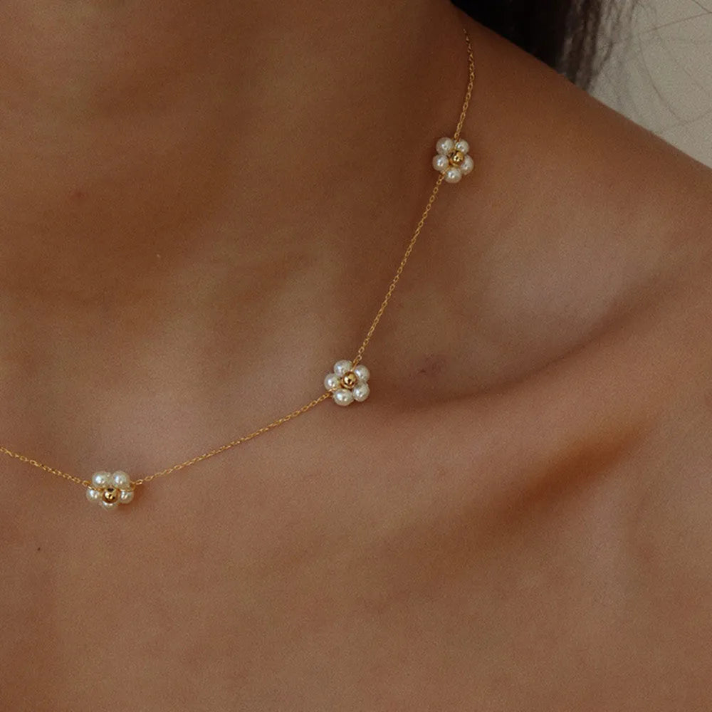 Gold plated pearl flower necklace with alloy chain, 40cm length and 5cm extension chain for women
