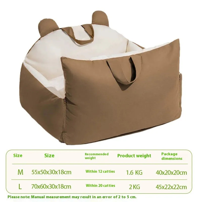 Removable washable dog car kennel in beige colour options, shown in a vehicle rear seat