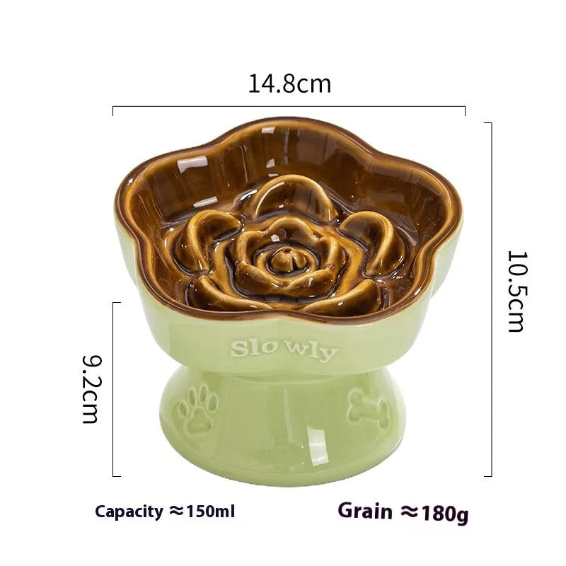 Black ceramic pet bowl with high neck protector and anti-tumble base design