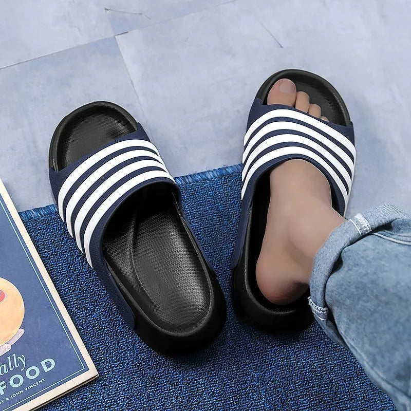 Unisex casual PVC and EVA slippers in beige, black and white, blue and white, or green colours.
