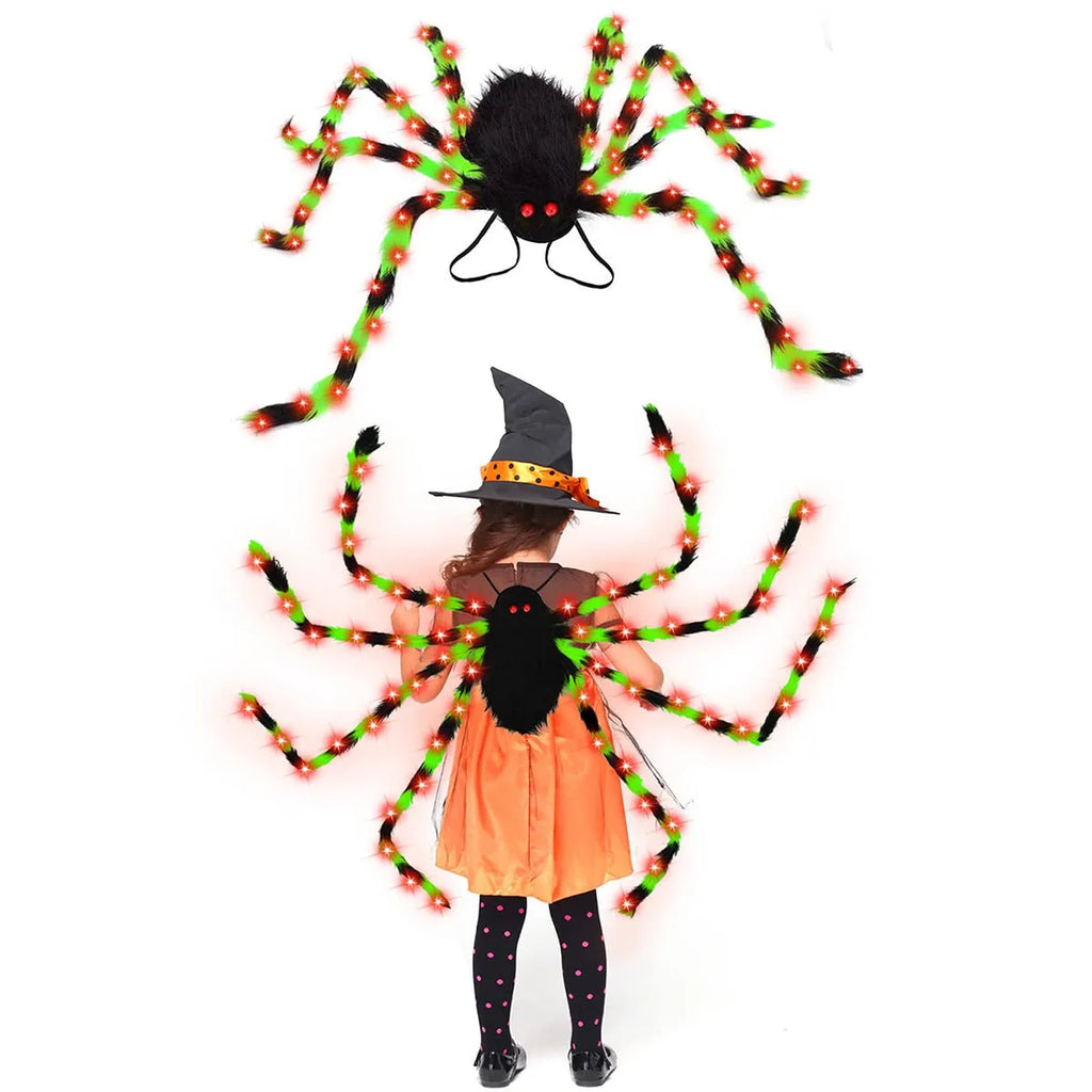 Halloween spider backpack with LED lights in plush construction showing orange purple light colour variant