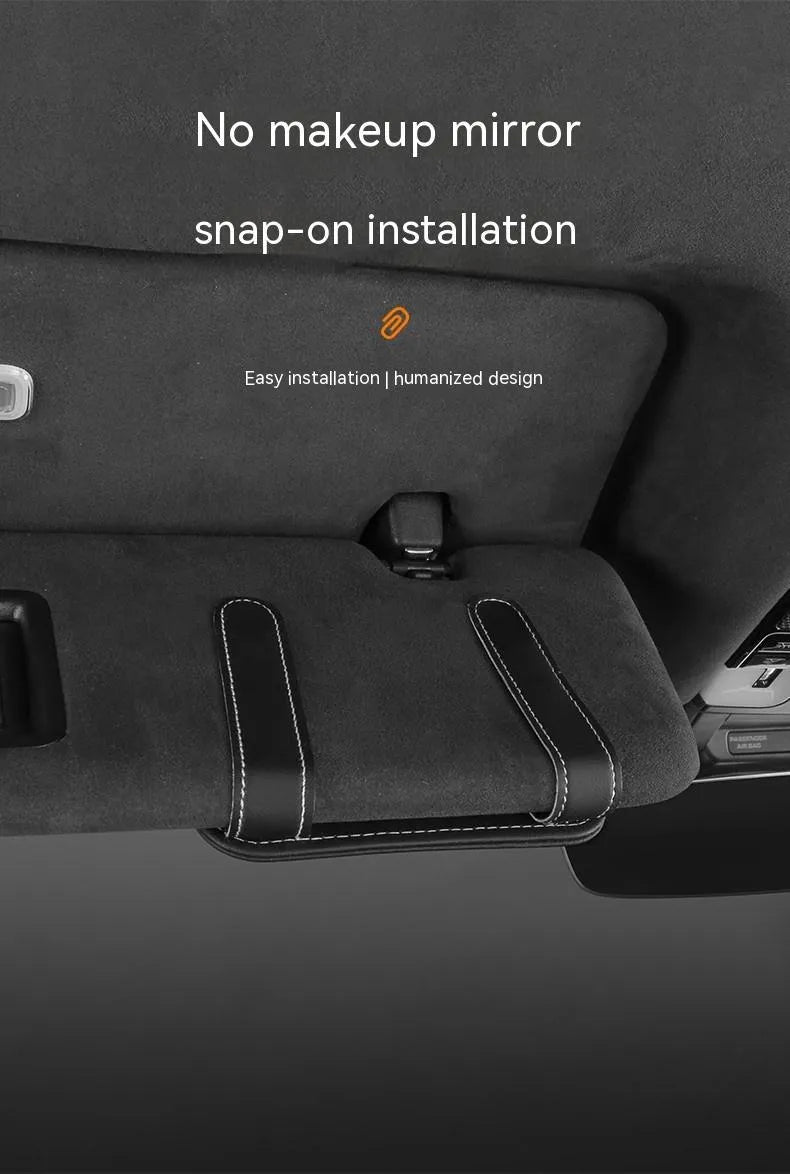 Car sun visor storage organiser with card holder and glasses clip made from cowhide leather