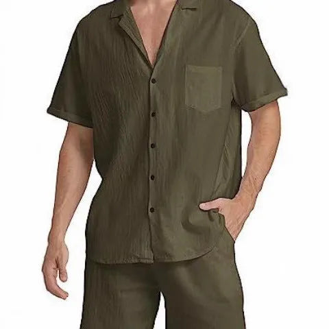 Men's flax summer sports suit with short sleeves and matching shorts in multiple colour options