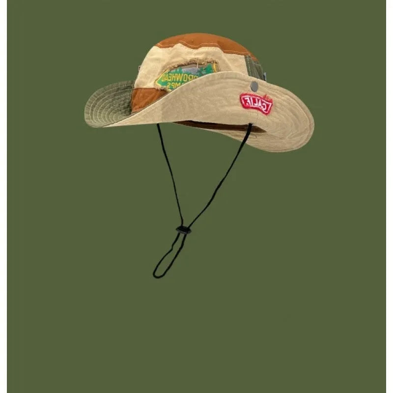 Army Green cotton foldable fisherman hat with retro patchwork and flat crown design