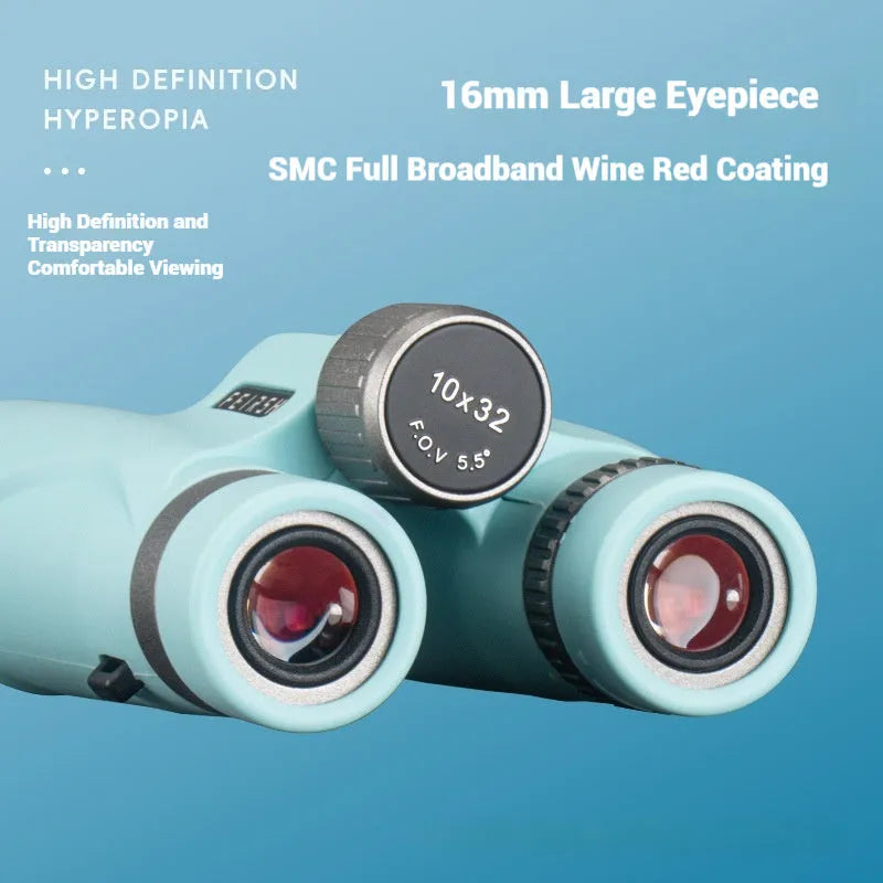 10x32 binoculars with wine red film bright finish showing blue colour option and optical specifications