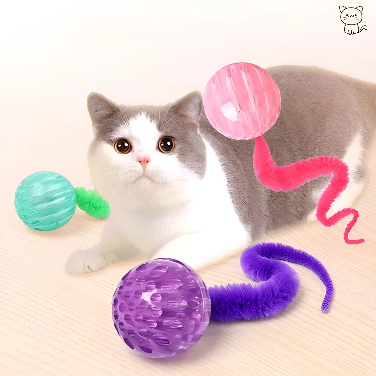 Green interactive bouncy ball cat toy with plush tail for indoor play