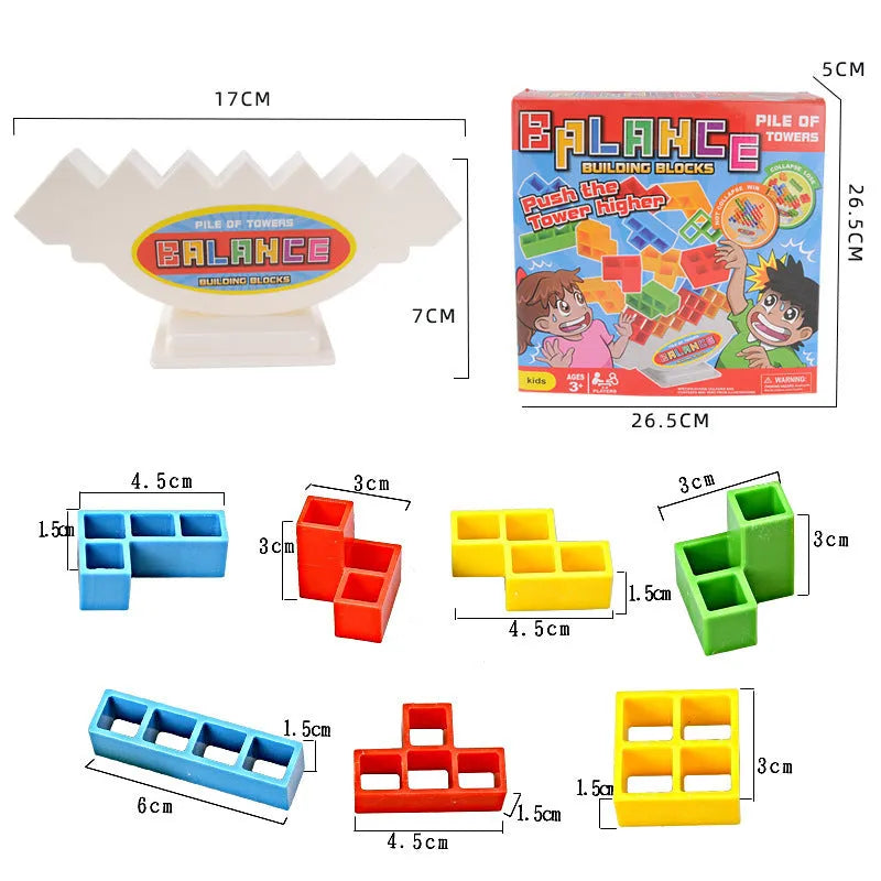 Balance stacking board game with plastic building blocks, chassis, and base for family play