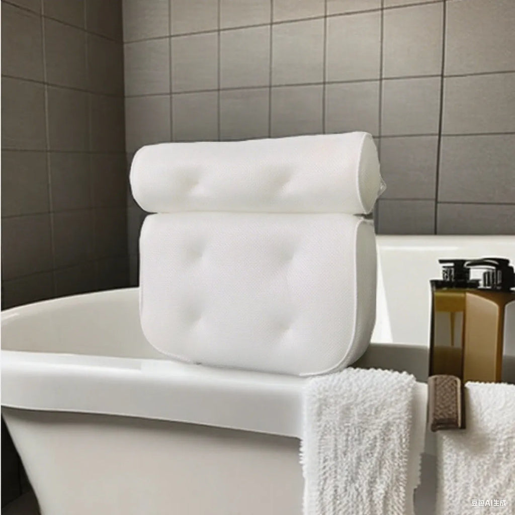 White 4D mesh bathtub pillow with suction cups on a bathtub.