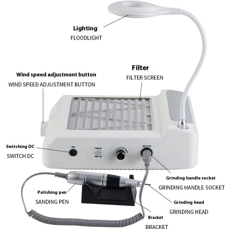 White nail polishing machine with vacuum system and four-in-one grinding attachments
