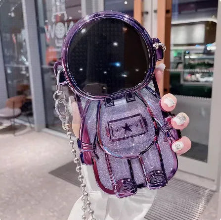 Electroplated TPU astronaut phone case for iPhone 14 Pro Max in pink with mirror finish, bracket, and lanyard.