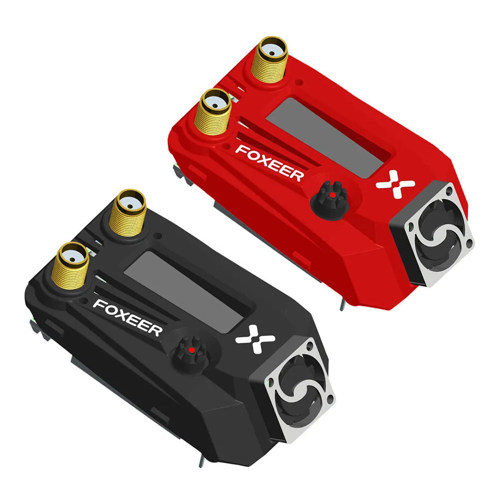 Black FPV dual receiver unit for FatShark goggles showing battery compartment