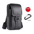Men's black genuine leather crossbody waist bag with lock detail and vertical square shape