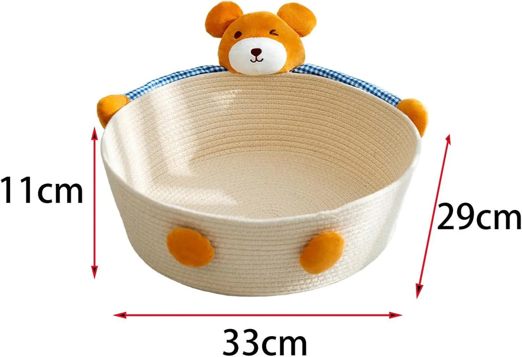 Woven cotton rope cat bed and scratching post in bear design, showing basket shape.