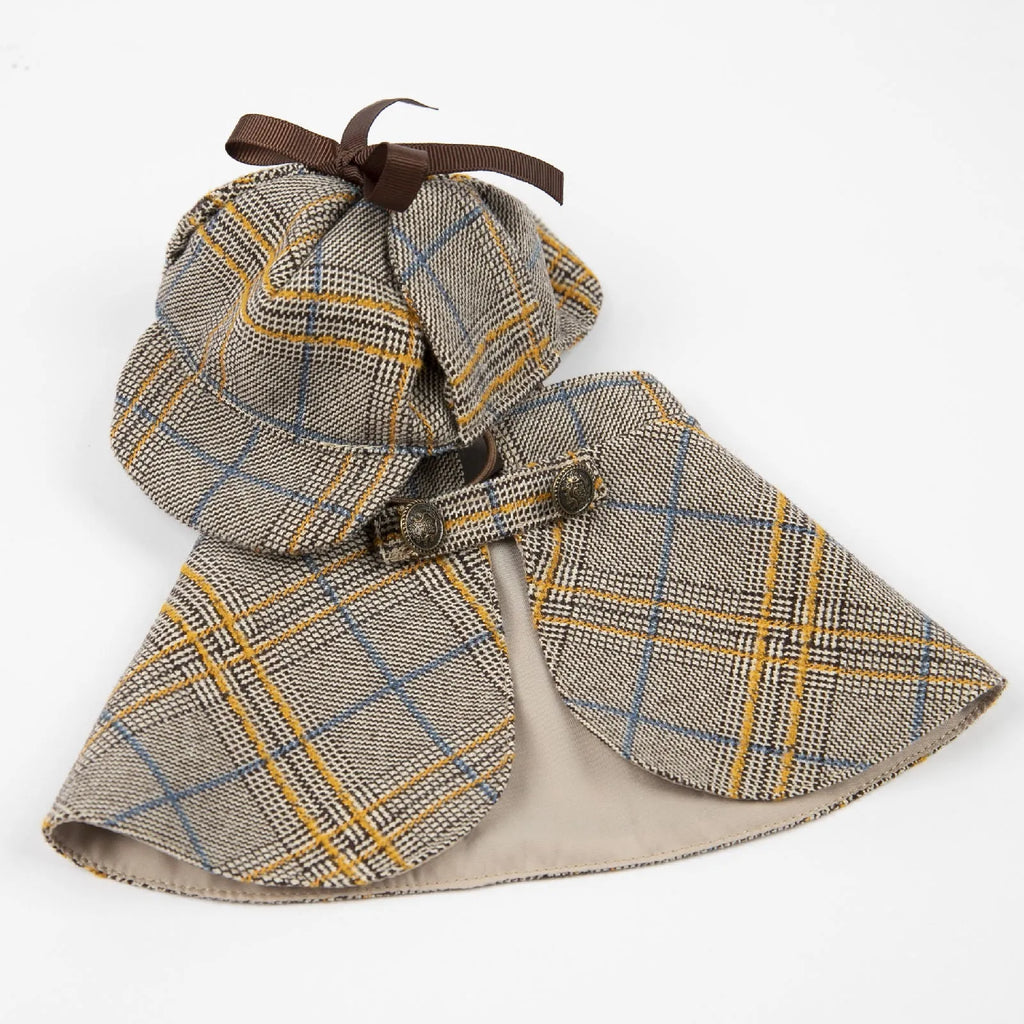 Camel-coloured detective suit style cotton cloak dog coat with an adjustable hat on a pet.