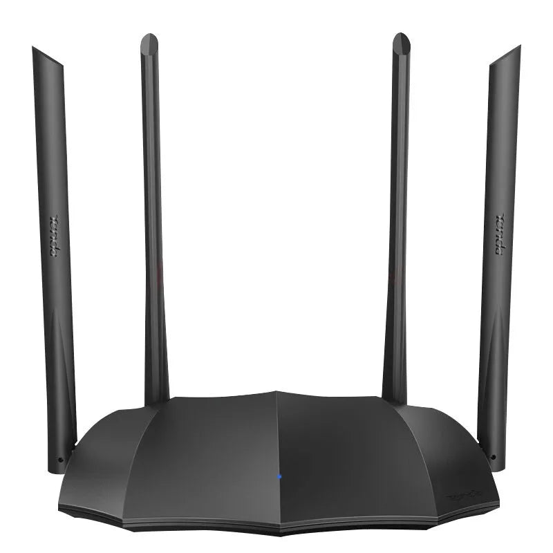 Black AC8 gigabit dual-band wireless router showing three Ethernet ports on back panel