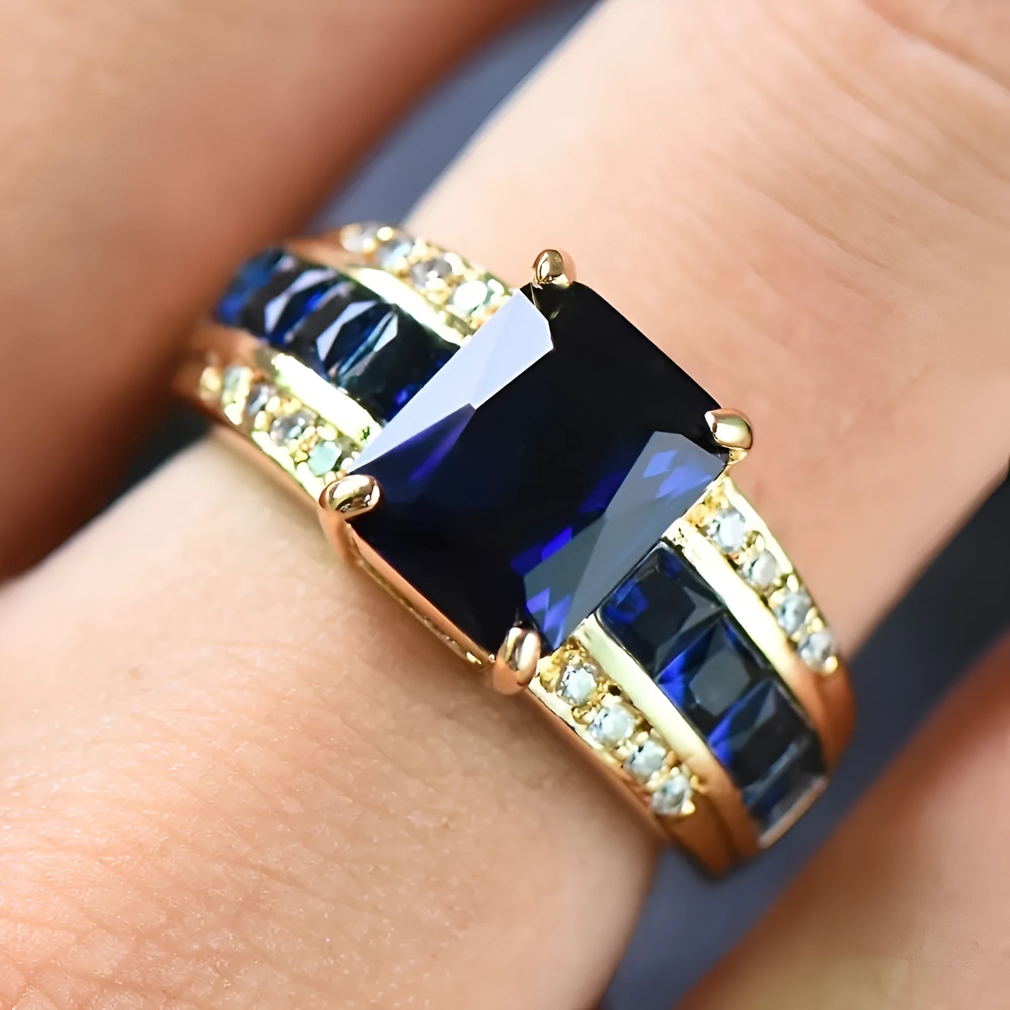 Personalised zinc alloy fashion ring with diamond or blue and purple zircon stone detailing.