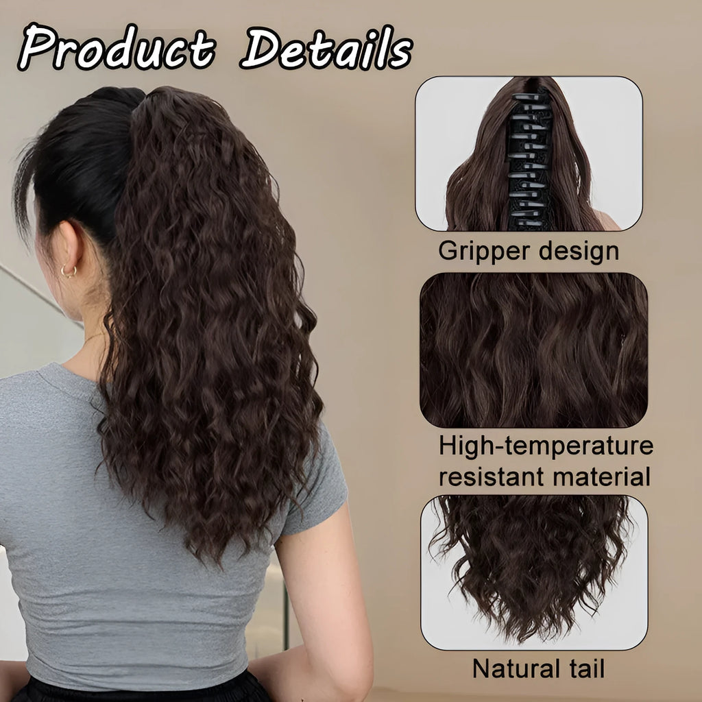 Corn curler style synthetic wig with a water ripple grip ponytail, shown in a dark colour.