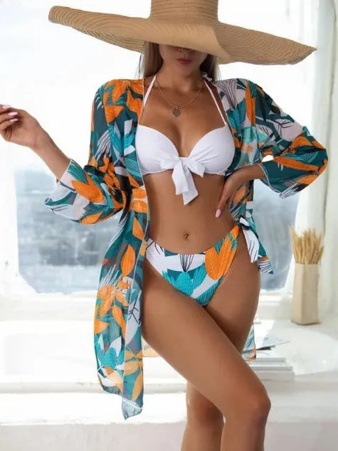 Women's three-piece mesh bikini swimsuit set with cover-up coat in quick-dry polyester