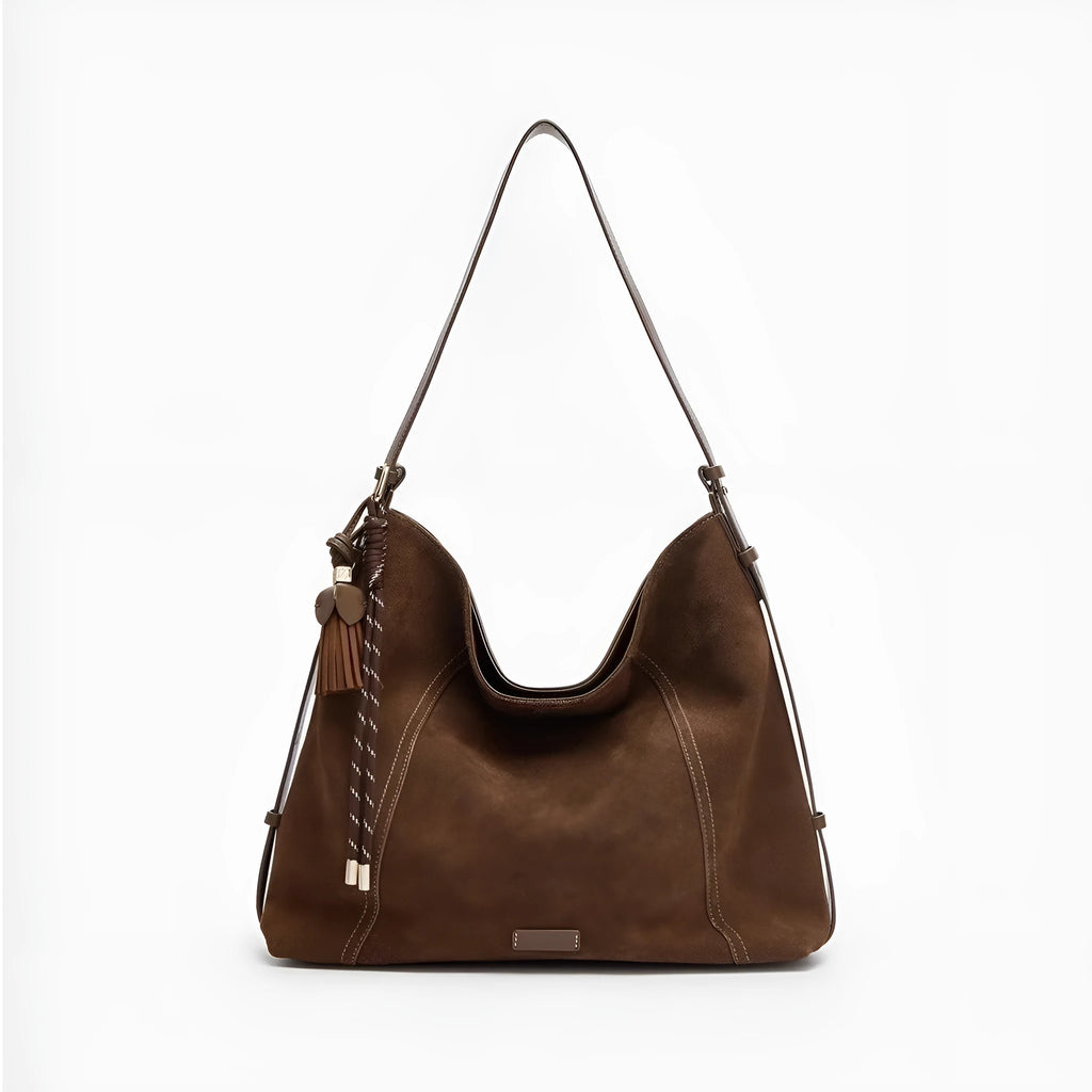 Large capacity deerskin velvet tote bag in Maillard coffee with sewing line details and crossbody strap