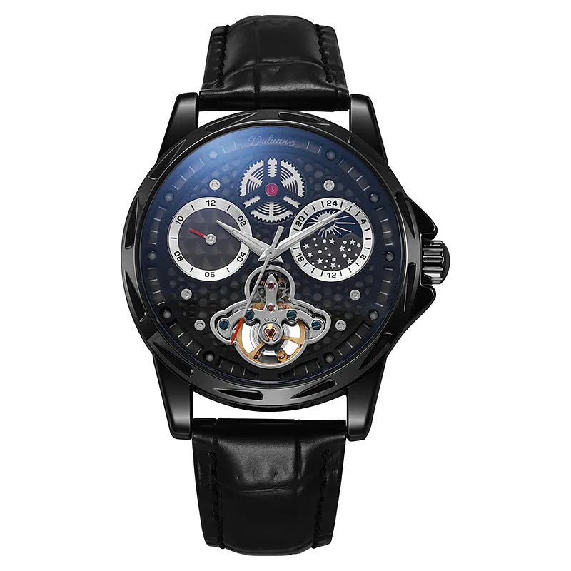 Men's waterproof automatic watch with luminous dial in business style, showing black and white case options with steel and leather straps